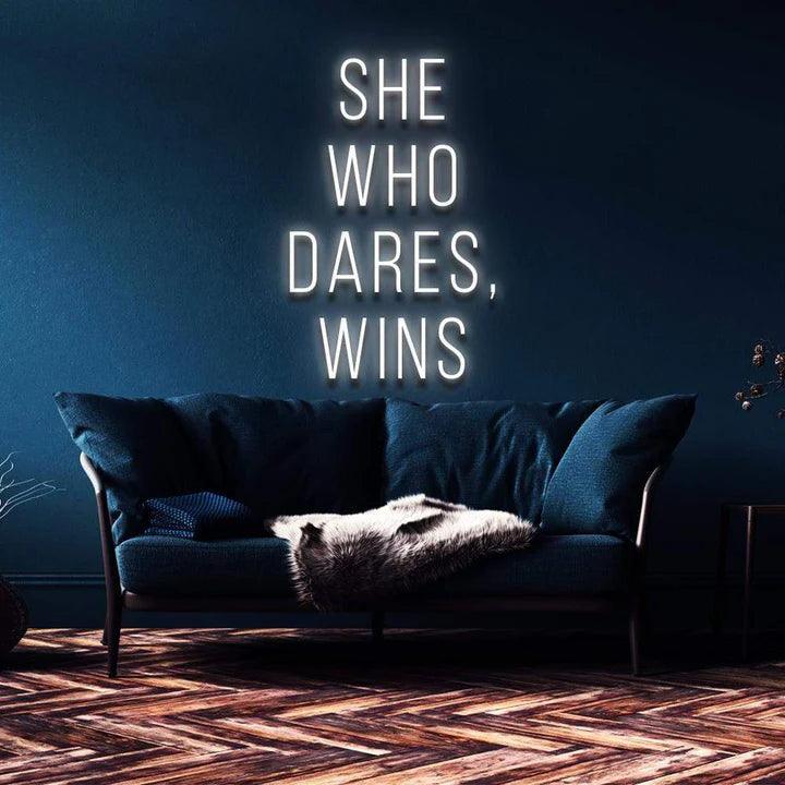 "SHE WHO DARES, WINS" NEON SIGN-Neonsigns-45 x 90 cm-White-Cut to Shape-Neon Brothers